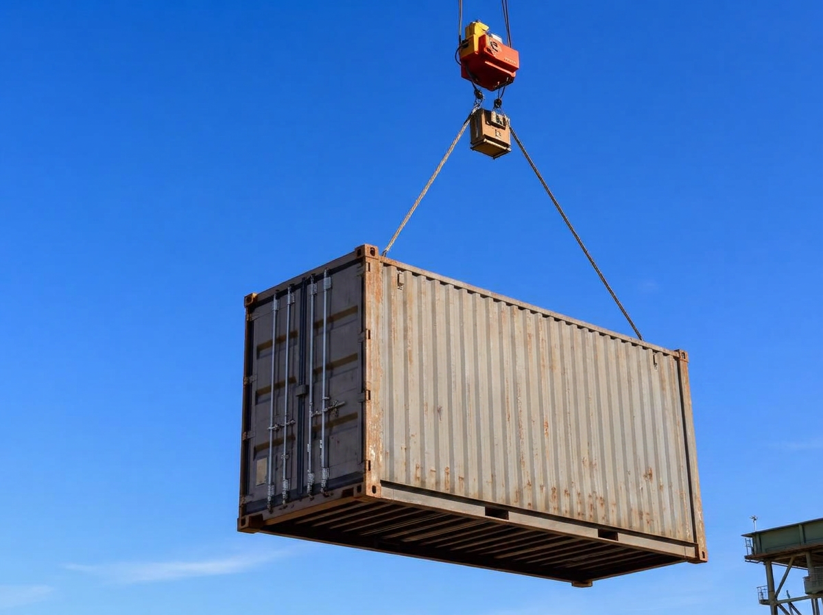 Shipping container lifted by a crane